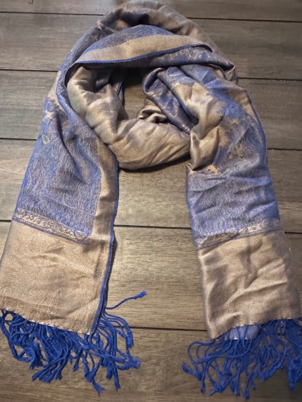 Blue & Gold Fringed Patterned Scarf 27" W x 80" L